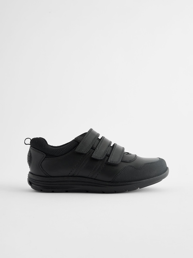 Black Wide Fit (G) Leather Touch Fastening School Shoes - Image 1 of 6