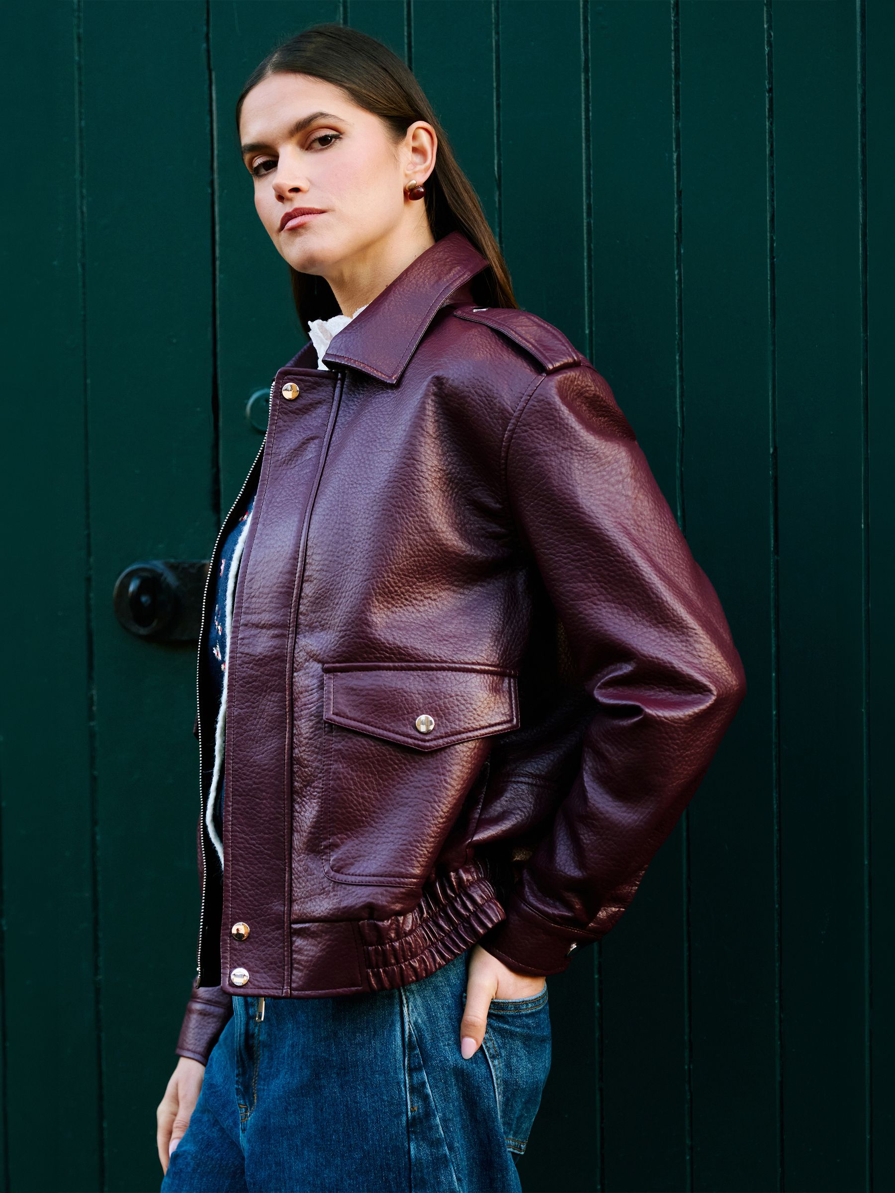 Yumi Women's Red Faux Leather Bomber Jacket
