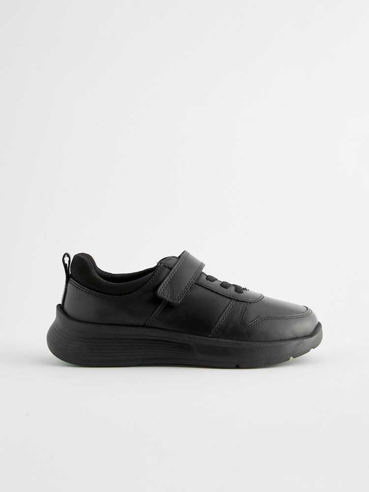 Black Wide Fit (G) Leather 1 Strap Elastic Lace School Shoes - Image 1 of 5