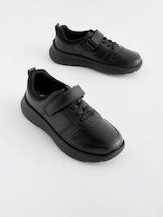 Black Wide Fit (G) Leather 1 Strap Elastic Lace School Shoes - Image 2 of 5