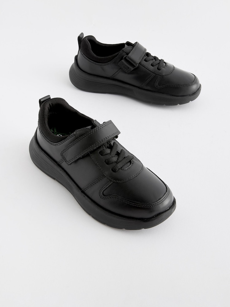 Black Wide Fit (G) Leather 1 Strap Elastic Lace School Shoes - Image 2 of 5