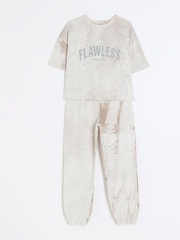 River Island Brown Tie Dye Girls 100% Cotton T-Shirt Joggers Set - Image 1 of 6
