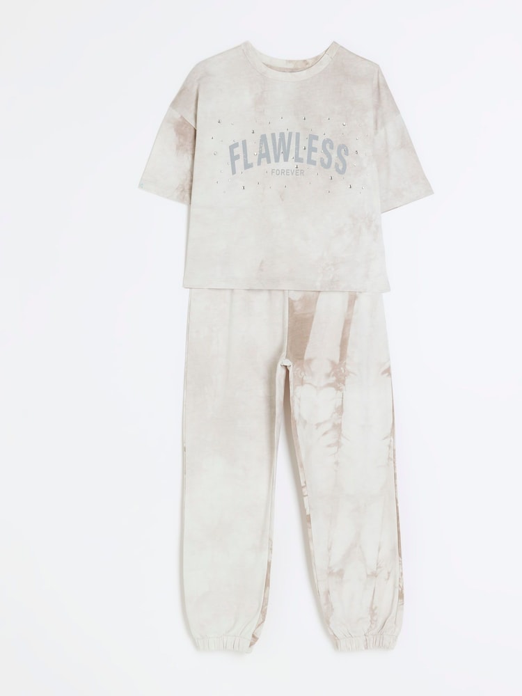 River Island Brown Tie Dye Girls 100% Cotton T-Shirt Joggers Set - Image 1 of 6 River Island Brown Tie Dye Girls 100% Cotton T-Shirt Joggers Set - Image 1 of 6