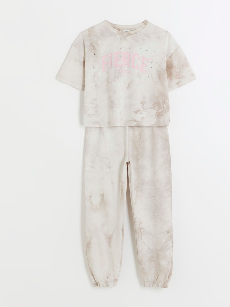 River Island Brown Tie Dye Girls 100% Cotton T-Shirt Joggers Set - Image 9 of 9