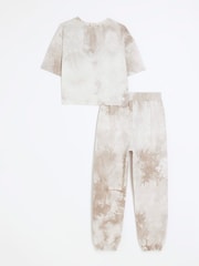 River Island Brown Tie Dye Girls 100% Cotton T-Shirt Joggers Set - Image 2 of 6