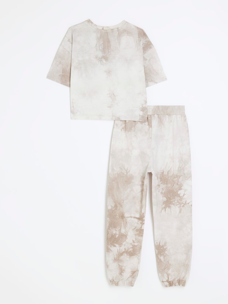 River Island Brown Tie Dye Girls 100% Cotton T-Shirt Joggers Set - Image 2 of 6 River Island Brown Tie Dye Girls 100% Cotton T-Shirt Joggers Set - Image 2 of 6