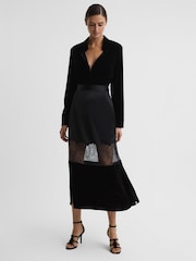 Reiss Black Tilly Fitted Satin-Velvet Midi Skirt - Image 1 of 5