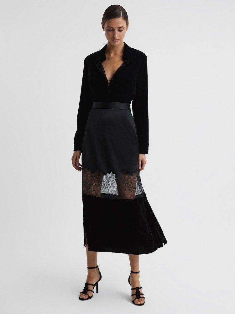 Reiss Black Tilly Fitted Satin-Velvet Midi Skirt - Image 1 of 5