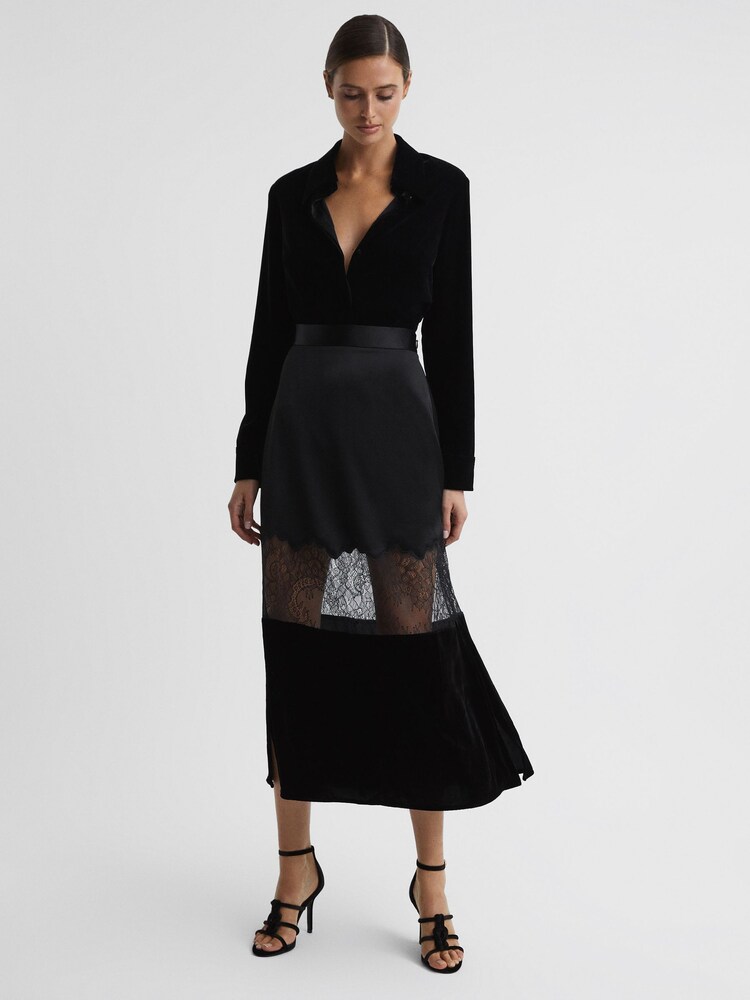Reiss Black Tilly Fitted Satin-Velvet Midi Skirt - Image 1 of 5 Reiss Black Tilly Fitted Satin-Velvet Midi Skirt - Image 1 of 5
