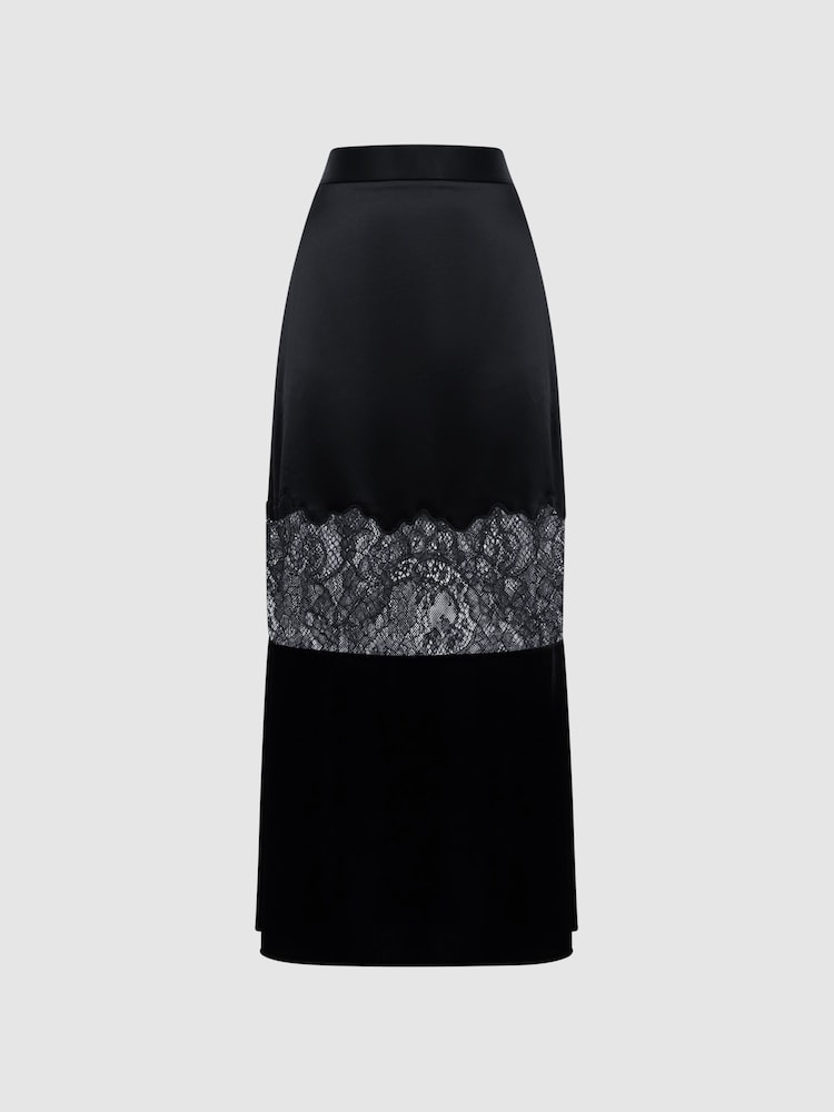 Reiss Black Tilly Fitted Satin-Velvet Midi Skirt - Image 2 of 5