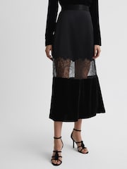 Reiss Black Tilly Fitted Satin-Velvet Midi Skirt - Image 3 of 5