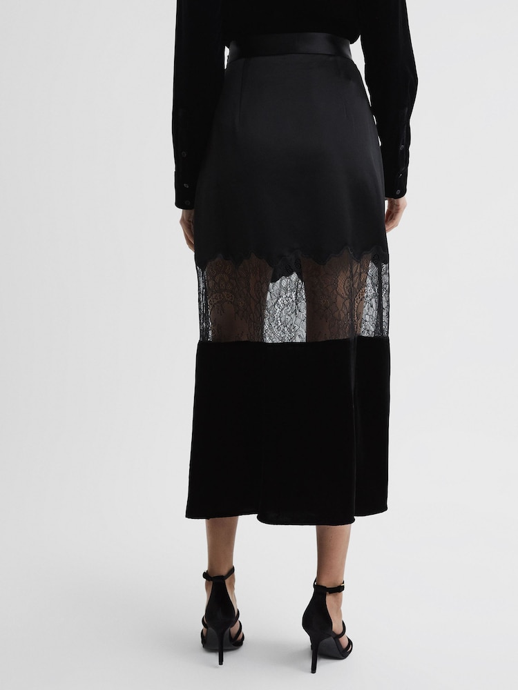 Reiss Black Tilly Fitted Satin-Velvet Midi Skirt - Image 5 of 5