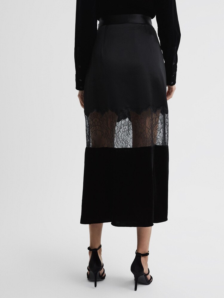 Reiss Black Tilly Fitted Satin-Velvet Midi Skirt - Image 5 of 5 Reiss Black Tilly Fitted Satin-Velvet Midi Skirt - Image 5 of 5