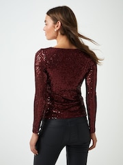 Berry Red Sequin Long Sleeve Asymmetric Party Top - Image 3 of 6
