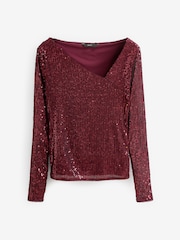 Berry Red Sequin Long Sleeve Asymmetric Party Top - Image 5 of 6