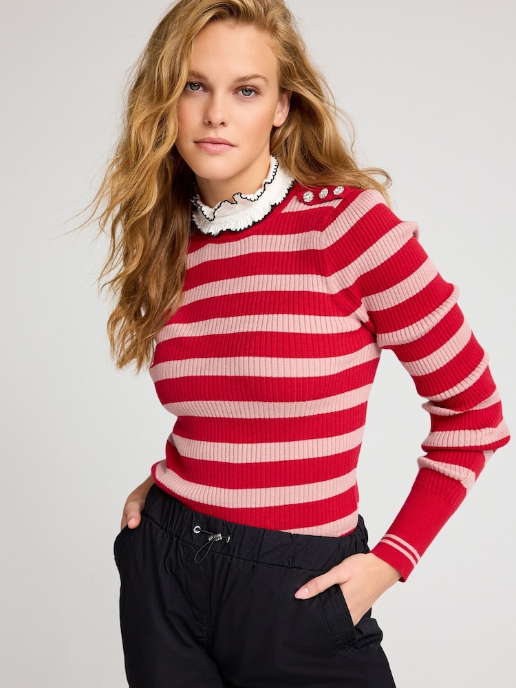 Red/Pink Pie Collar High Neck Stripe Jumper - Image 1 of 7