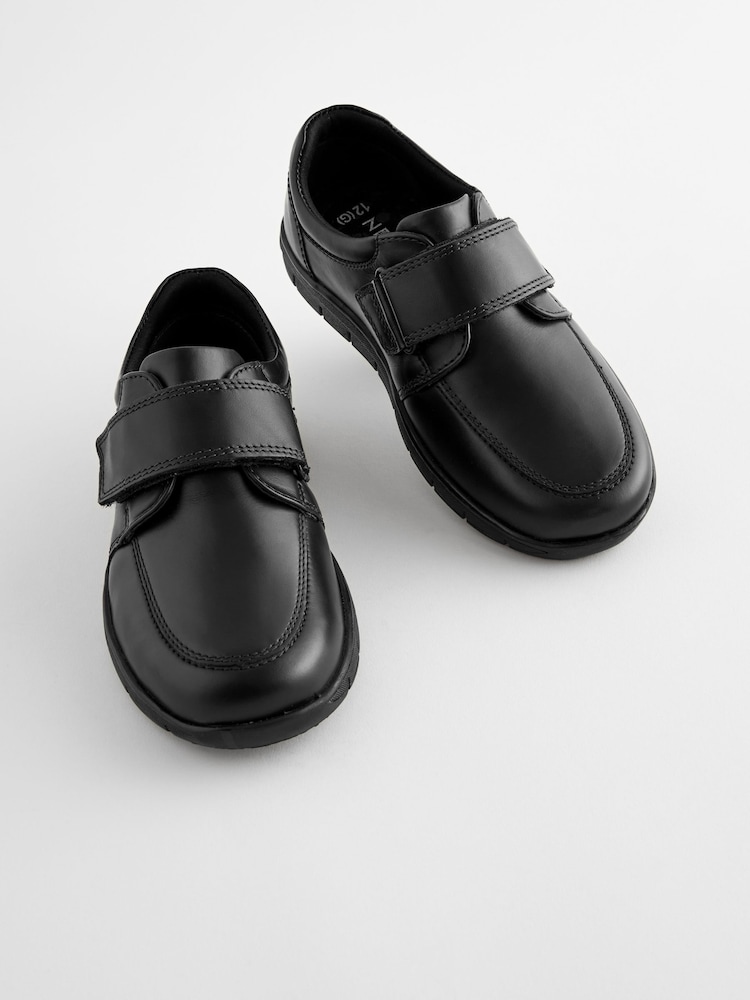 Black Wide Fit (G) Leather Touch Fastening School Shoes - Image 1 of 5