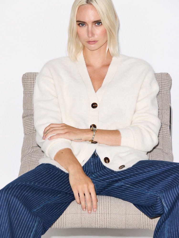 Blanc écru - Mid Length Long Sleeve Cardigan with Wool - Image 2 de 5