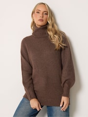Long Tall Sally Brown Premium Roll Neck Fluffy Knitted Jumper - Image 1 of 6