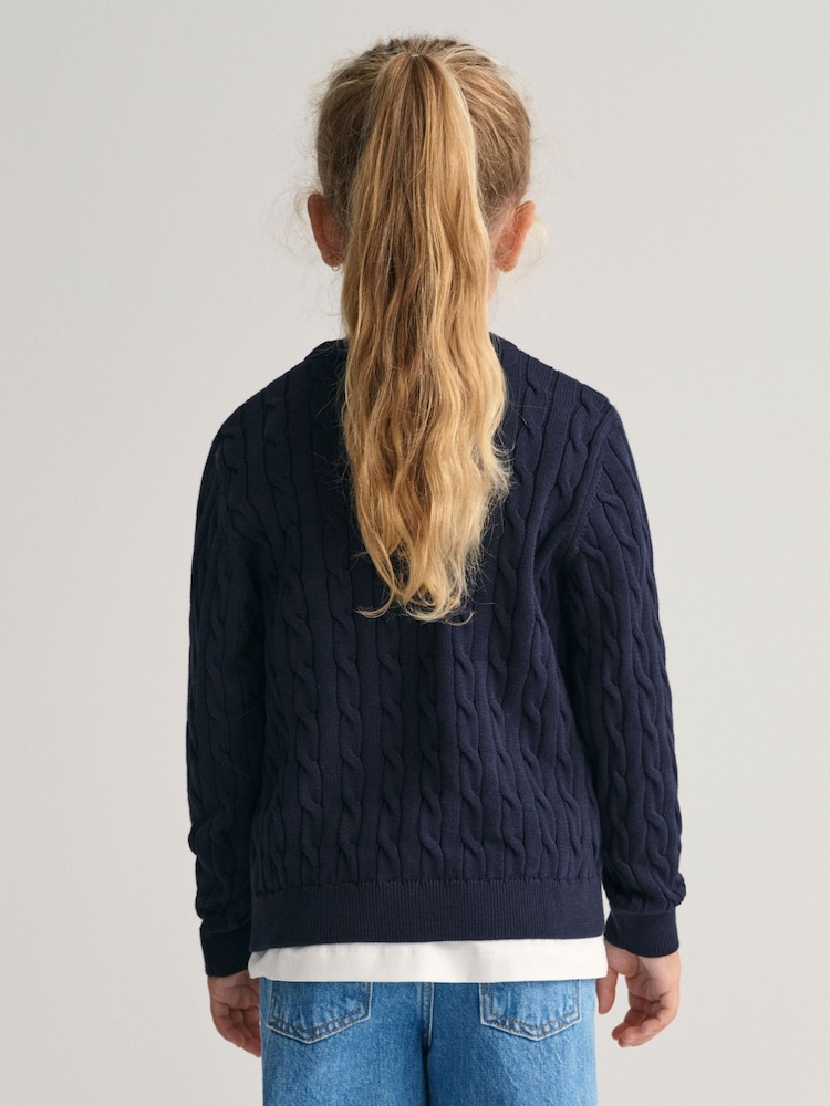 GANT Blue/Black Kids Shield 100% Cotton Cable Knit Crew Neck Sweater - Image 2 of 6