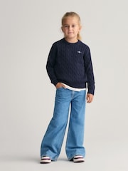 GANT Blue/Black Kids Shield 100% Cotton Cable Knit Crew Neck Sweater - Image 3 of 6
