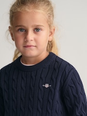 GANT Blue/Black Kids Shield 100% Cotton Cable Knit Crew Neck Sweater - Image 4 of 6
