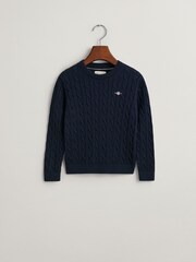 GANT Blue/Black Kids Shield 100% Cotton Cable Knit Crew Neck Sweater - Image 5 of 6