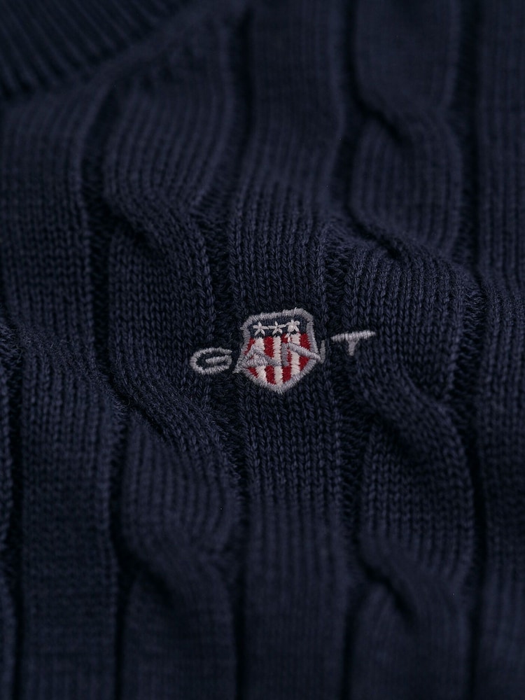 GANT Blue/Black Kids Shield 100% Cotton Cable Knit Crew Neck Sweater - Image 6 of 6