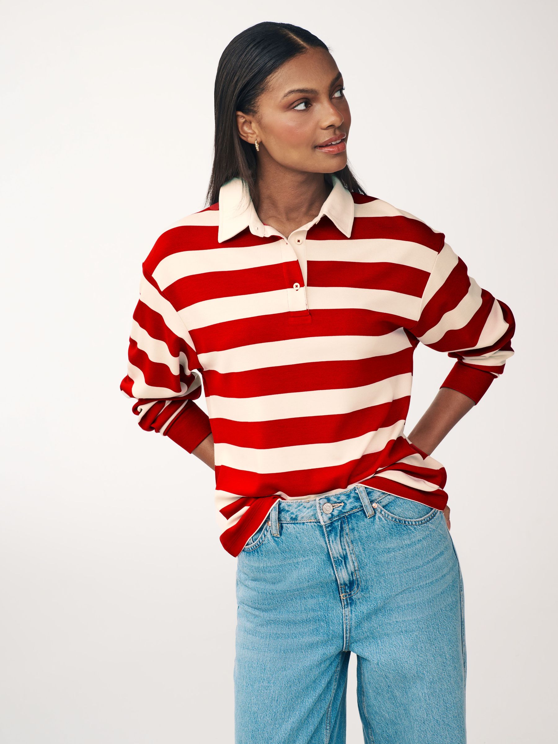 Buy Burgundy Ecru Long Sleeve Stripe Graphic Button Down Rugby Polo Shirt from Next Luxembourg