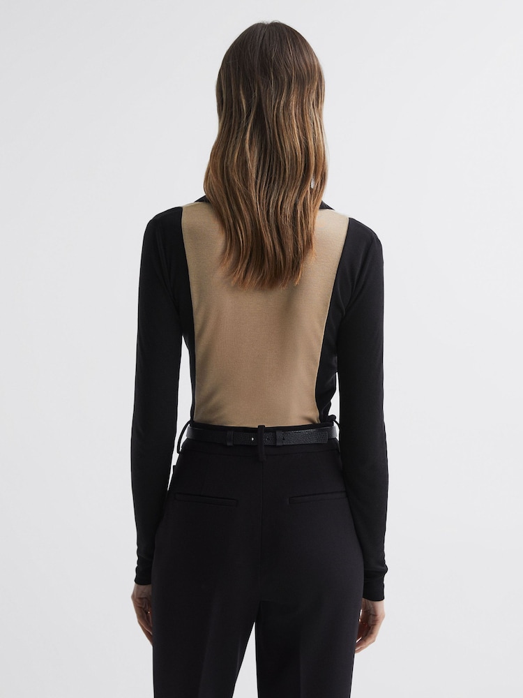 Reiss Black/Nude Eden Knitted Open Collar Top - Image 1 of 5