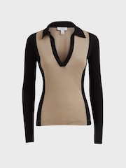 Reiss Black/Nude Eden Knitted Open Collar Top - Image 2 of 5