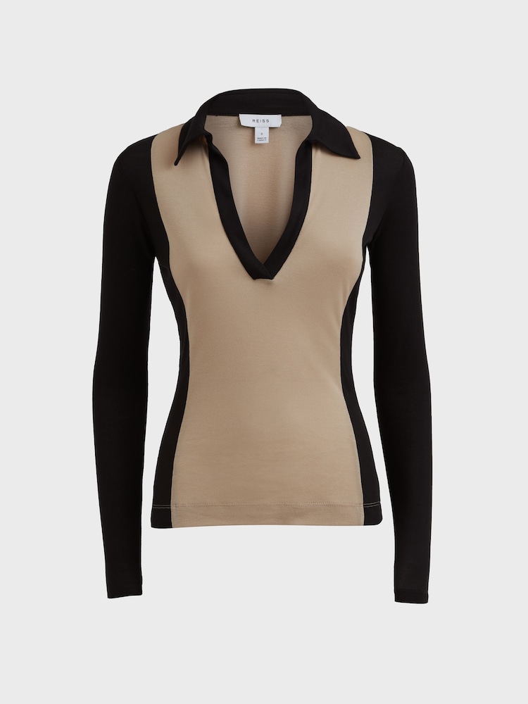 Reiss Black/Nude Eden Knitted Open Collar Top - Image 2 of 5