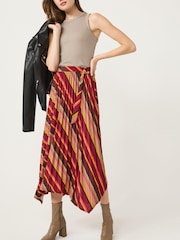 Berry Red Stripe Asymmetric Pleated Midi Skirt - Image 1 of 7