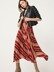 Berry Red Stripe Asymmetric Pleated Midi Skirt - Image 2 of 7