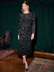 Yumi Black Burnout Velvet Midi Dress - Image 1 of 5