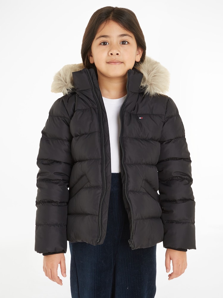Tommy Hilfiger Black Girls Essential Down Faux Fur Hood Jacket - Image 1 of 6