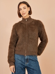 Yumi Brown Eyelash Zip Knitted Jacket - Image 1 of 5