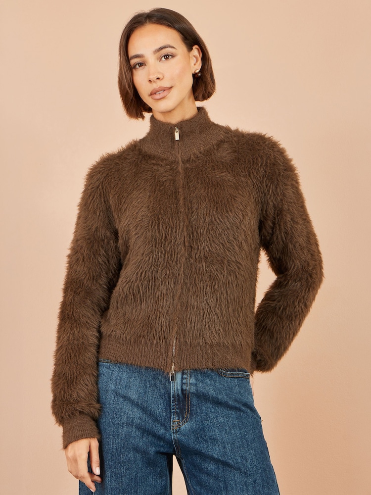Yumi Brown Eyelash Zip Knitted Jacket - Image 1 of 5