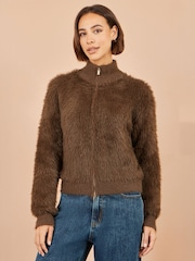 Yumi Brown Eyelash Zip Knitted Jacket - Image 2 of 5