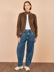 Yumi Brown Eyelash Zip Knitted Jacket - Image 3 of 5