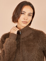 Yumi Brown Eyelash Zip Knitted Jacket - Image 4 of 5
