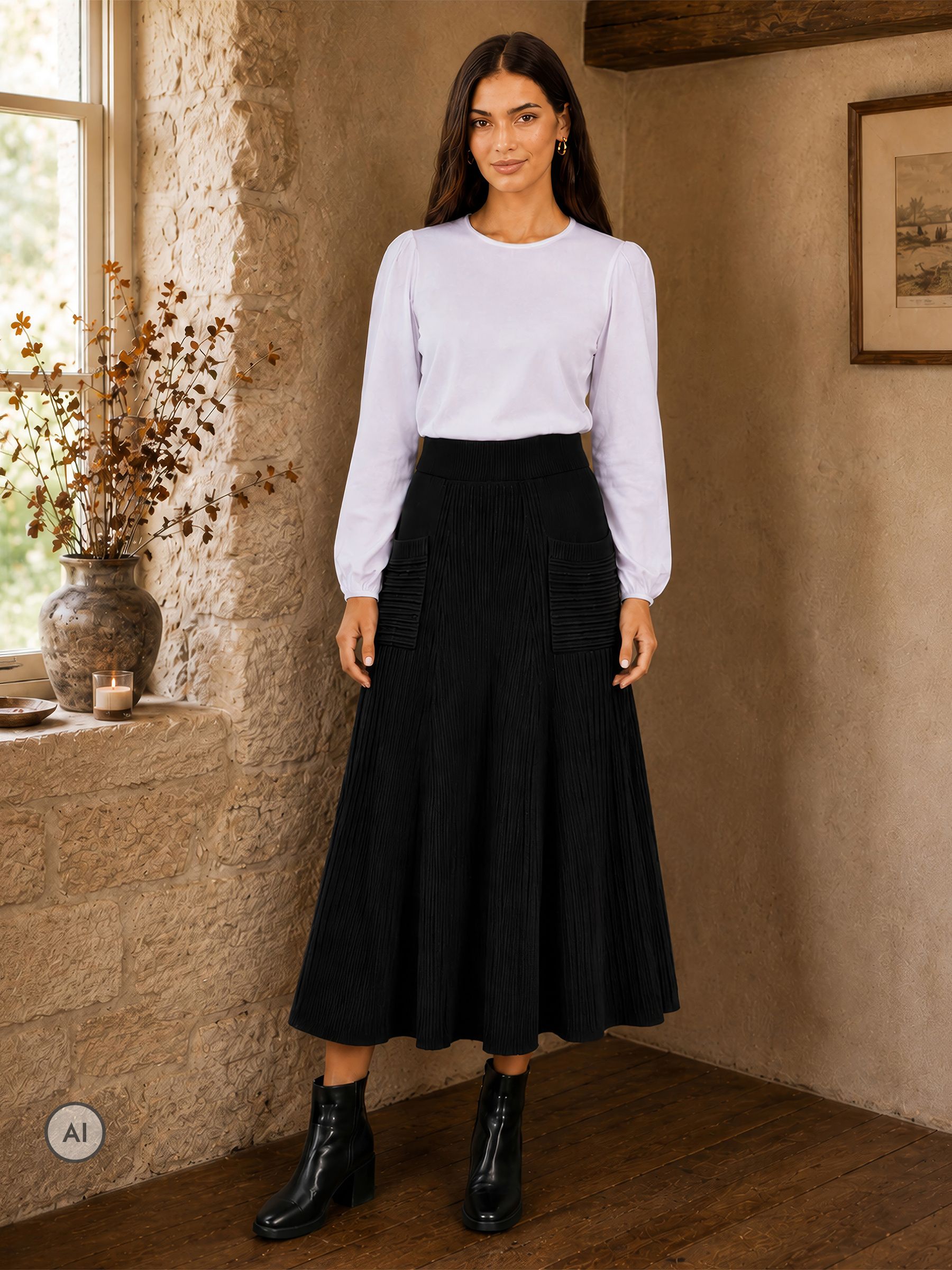 Yumi Women's Black Knitted Midi Skirt With Pockets In | : Large - Image 1