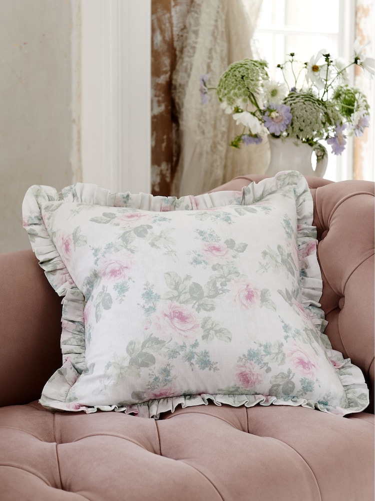 Shabby Chic by Rachel Ashwell® Royal Bouquet Pink Cotton/Linen Mix Ruffle Cushion - Image 1 of 4