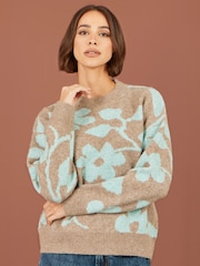 Yumi Brown Floral Intarsia Relaxed Fit Jumper - Image 1 of 5