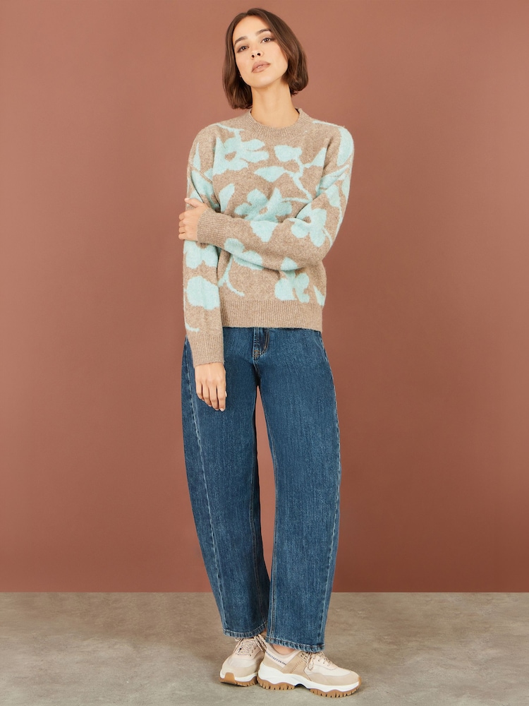 Yumi Brown Floral Intarsia Relaxed Fit Jumper - Image 2 of 5 Yumi Brown Floral Intarsia Relaxed Fit Jumper - Image 2 of 5