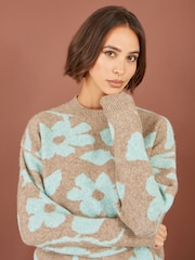 Yumi Brown Floral Intarsia Relaxed Fit Jumper - Image 3 of 5