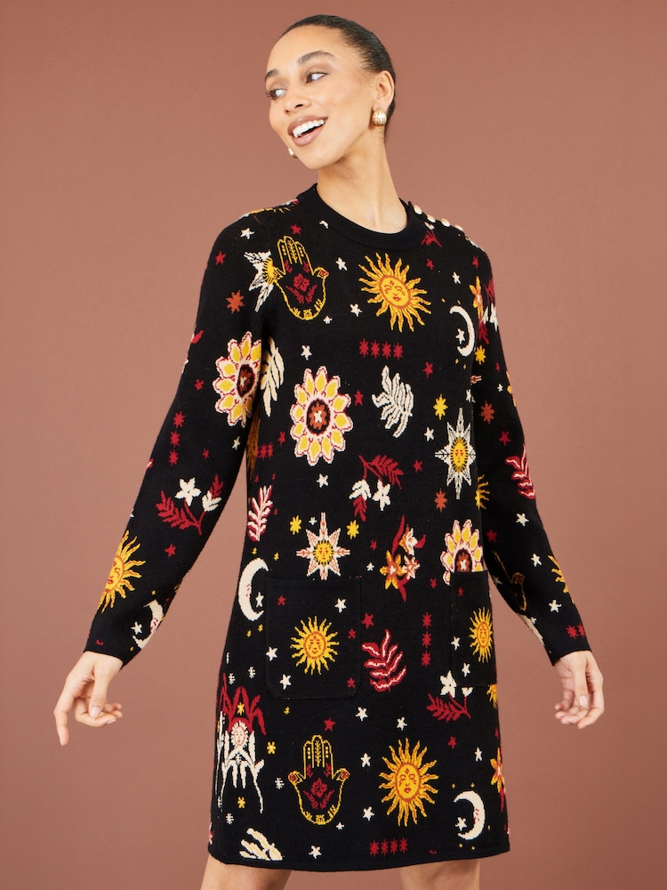 Yumi Black Cosmic Intarsia Knitted Tunic Dress - Image 1 of 5 Yumi Black Cosmic Intarsia Knitted Tunic Dress - Image 1 of 5