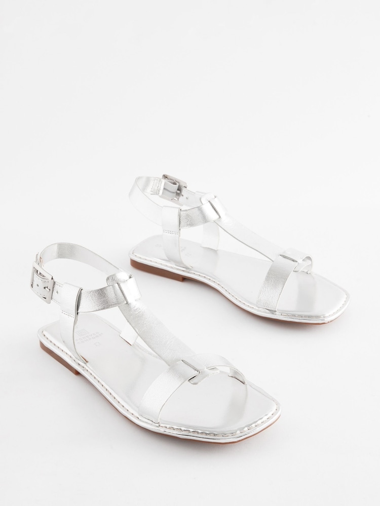 Silver Extra Wide Fit Forever Comfort® Leather T-Bar Sandals - Image 1 of 5