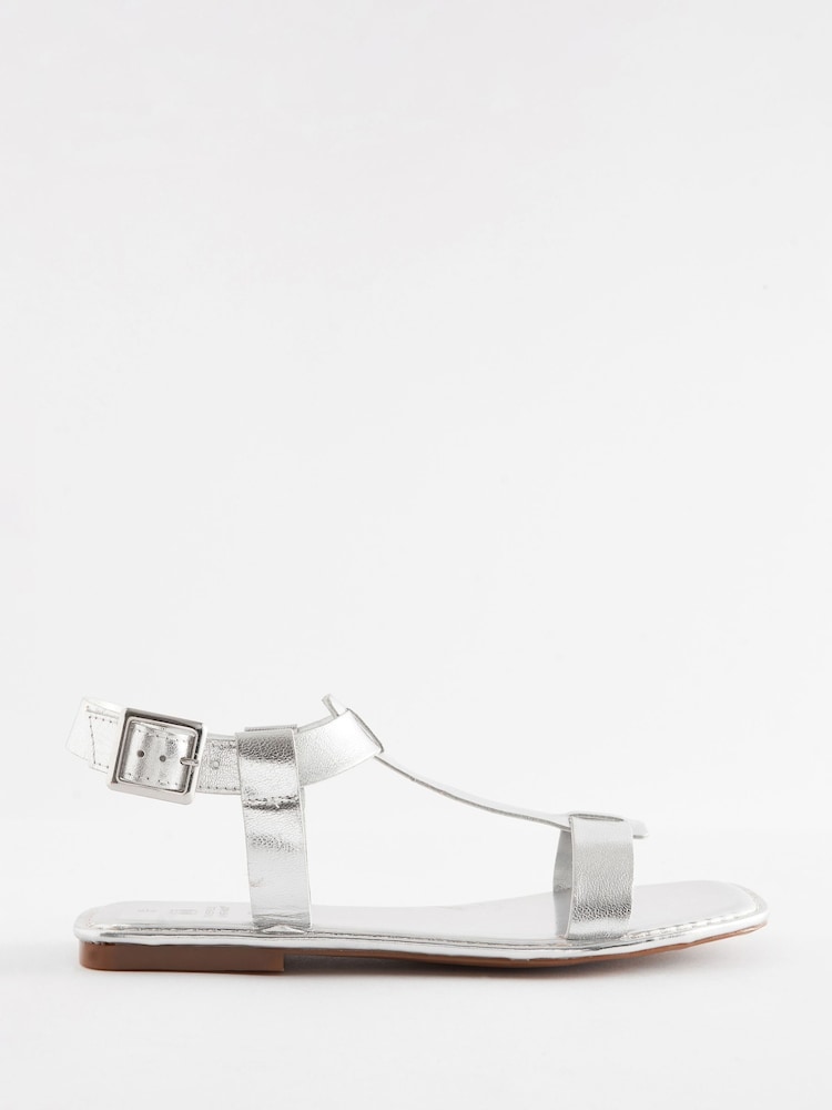 Silver Extra Wide Fit Forever Comfort® Leather T-Bar Sandals - Image 2 of 5
