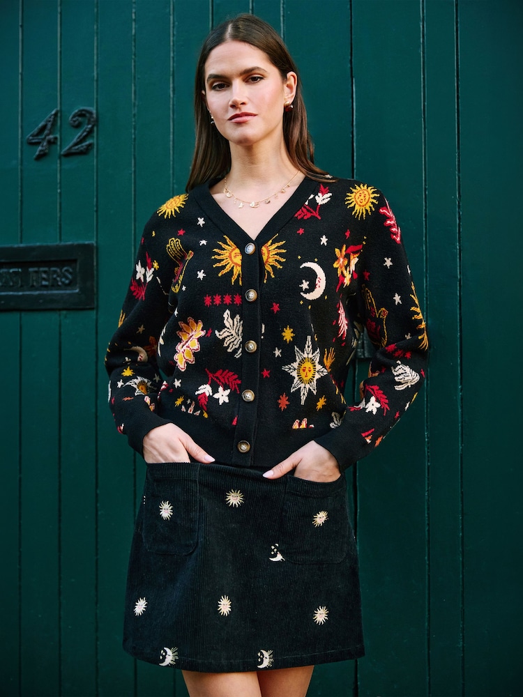 Yumi Black Cosmic Intarsia Cardigan - Image 1 of 5 Yumi Black Cosmic Intarsia Cardigan - Image 1 of 5